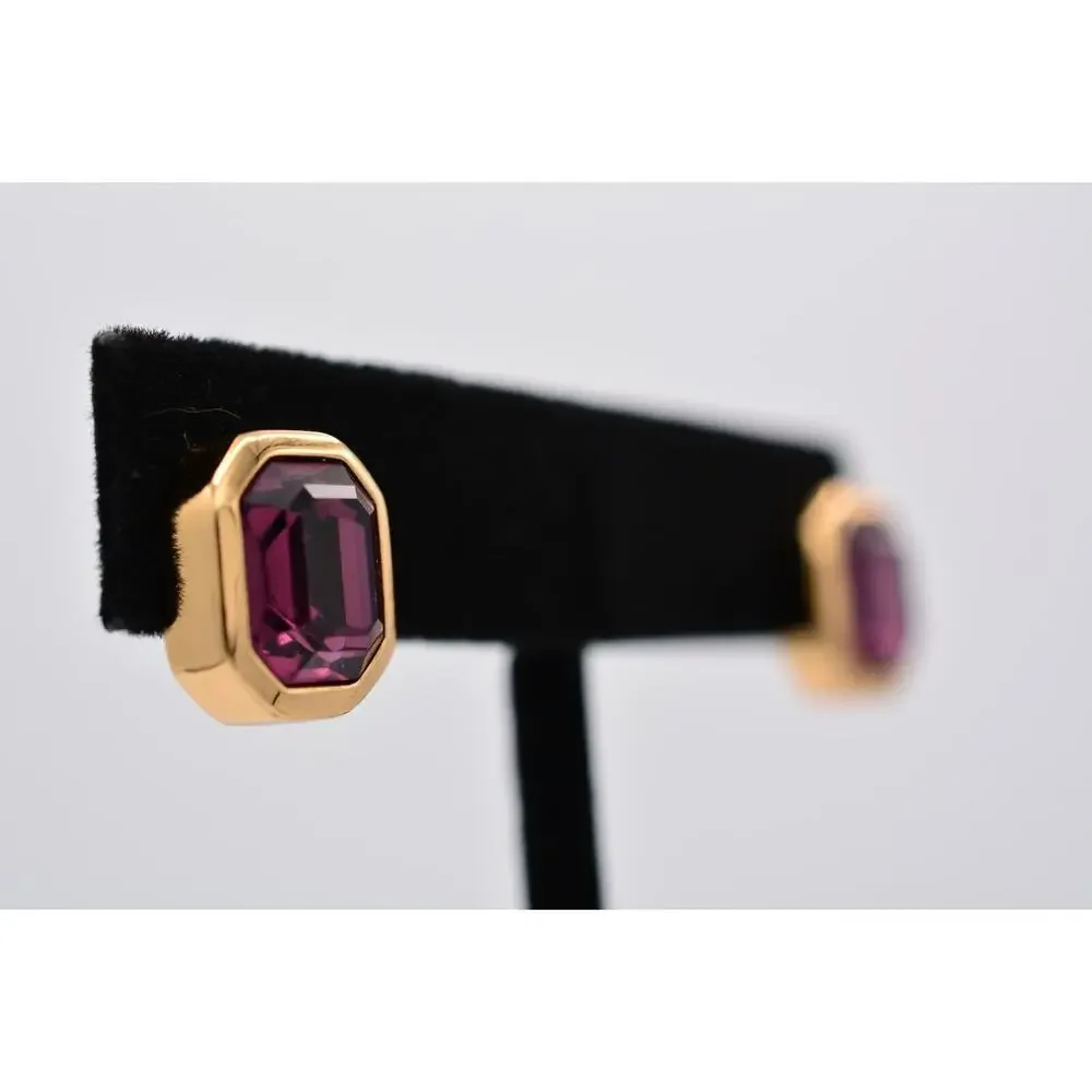 Christian Dior Vintage Crystal Earrings Gold Purple Baguette Signed 1980s BinAZ - Picture 4 of 12